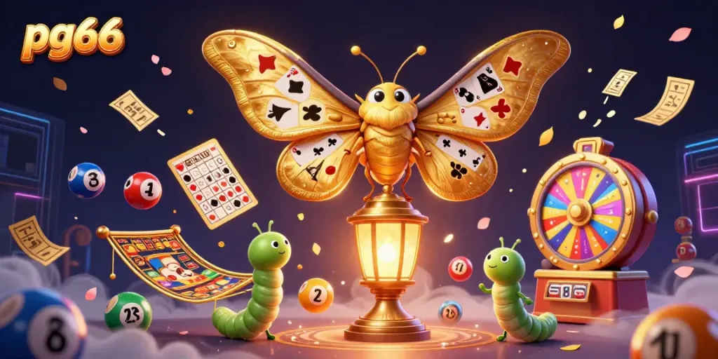 Experience casino excitement with pg66's captivating illustration featuring a majestic moth and vibrant lottery elements.