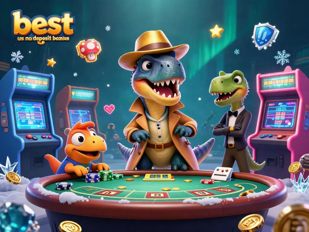 Experience the best US no deposit bonus casino with a vibrant 3D scene featuring a velociraptor card counter.