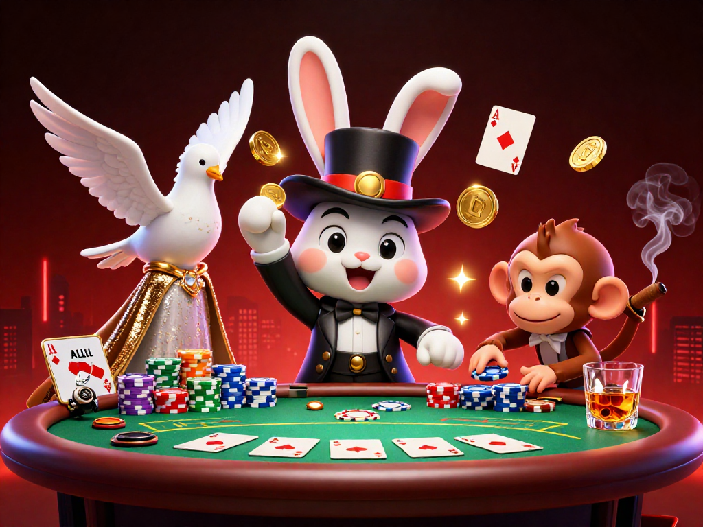 Engaging scene depicting 33win's magical casino atmosphere with a magician rabbit, exciting poker action, and vibrant dynamics.