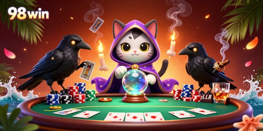 Experience thrilling gameplay at 98 win with a mesmerizing poker scene featuring mystical characters and vibrant casino elements.