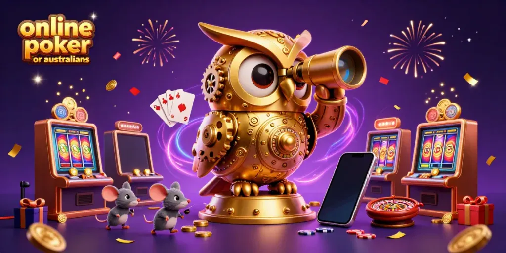 Engage in online poker for australians with dynamic casino elements, featuring an owl and lively mouse patrons.