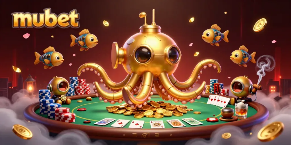 Experience the thrill of mubet with a golden kraken submarine in a vibrant casino scene.