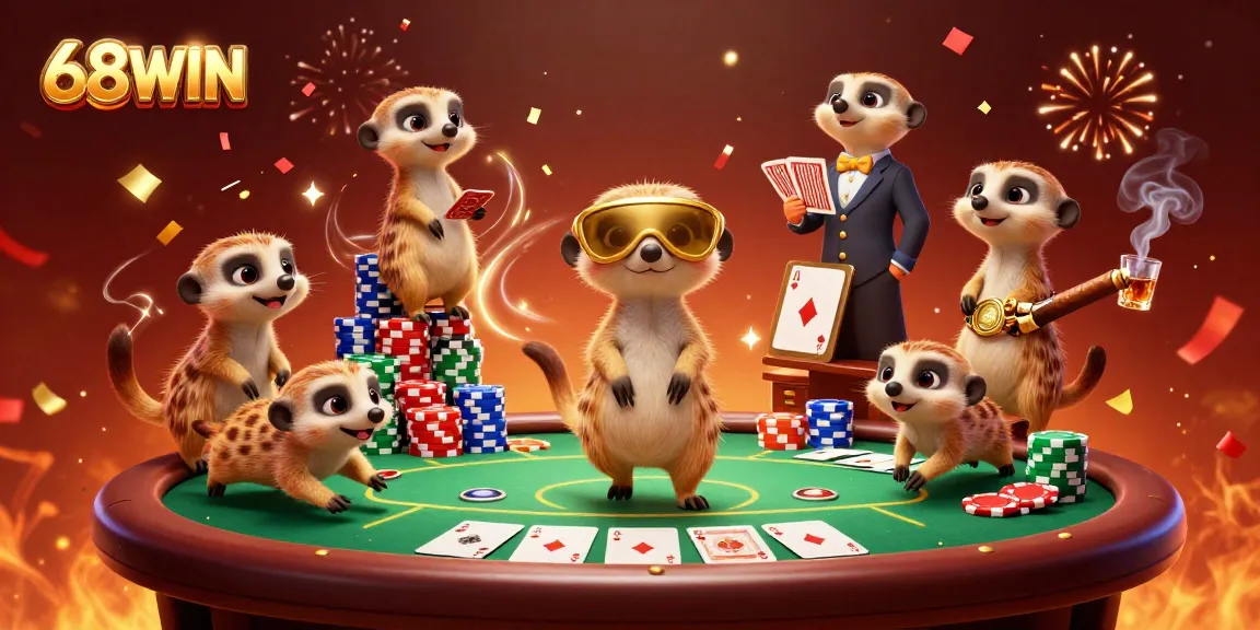 Engage with the vibrant 68WIN casino scene featuring playful meerkats managing a lively poker game.