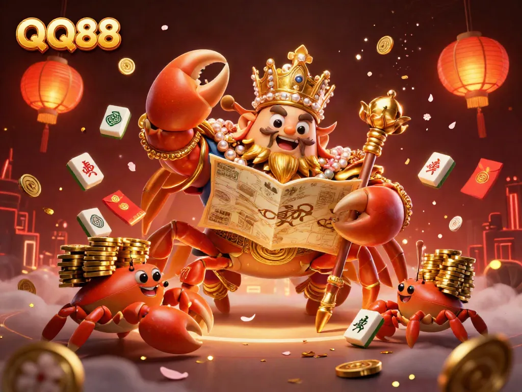 Engage in the thrilling world of QQ88 as you see a golden crab emperor commanding a dynamic casino scene filled with treasures and excitement.