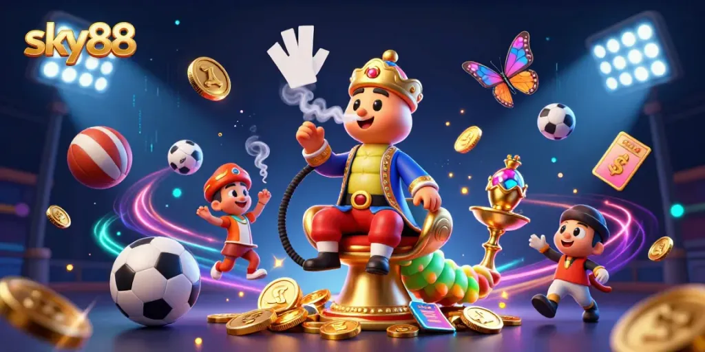 Experience exciting gameplay with sky88's vibrant casino elements in this dynamic 3D illustration.
