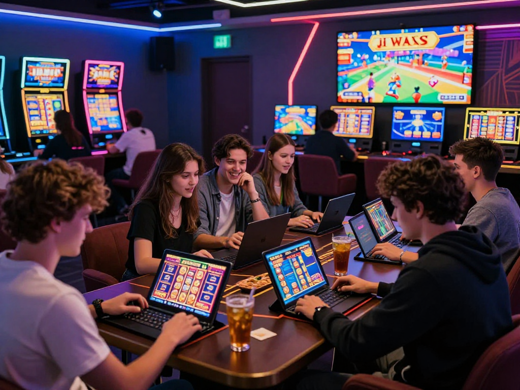 Atmosfera di gioco coinvolgente con amici ai giochi slots non AAMS online in un ambiente moderno.