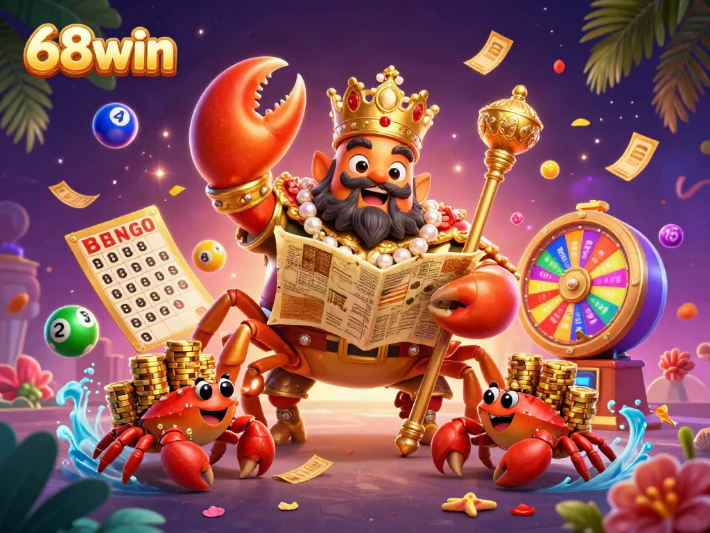 Experience thrilling gameplay with 68win's dynamic gaming scene featuring a golden crab emperor and exciting lottery elements.