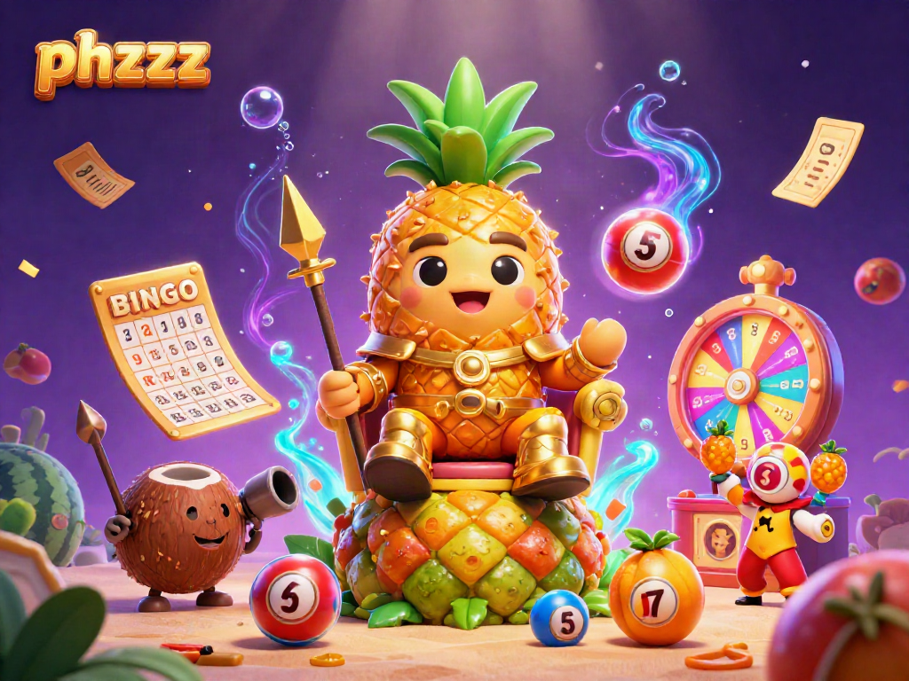 Engage with phzzz's vibrant beach casino, featuring a golden pineapple king and dynamic lottery elements in an exciting 3D illustration.