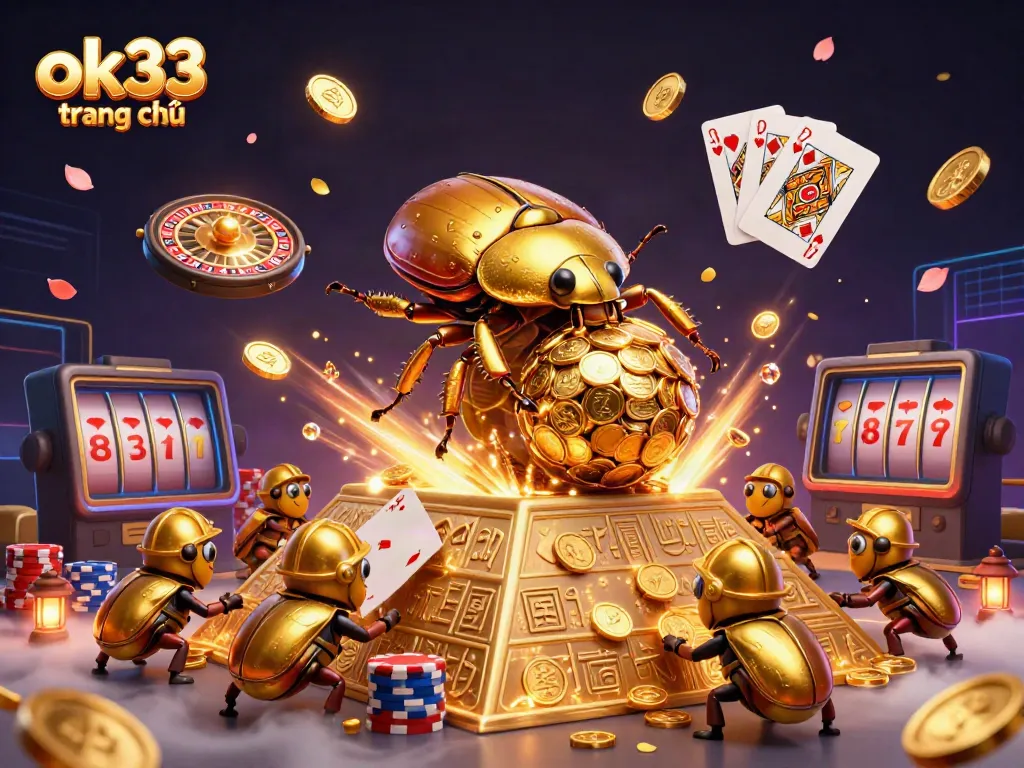 Experience the excitement of ok33 trang chủ with a vibrant casino-themed illustration showcasing various gambling elements.