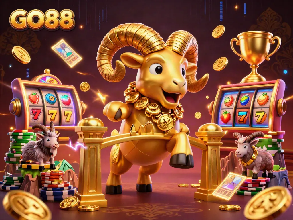 Experience the excitement of GO88 through an exhilarating slot game celebration with a golden ram and dynamic elements.