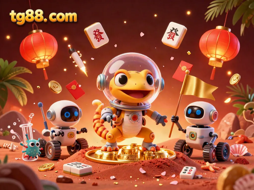 Experience thrilling gameplay at tg88. com with an exciting animated scene featuring a Martian gecko, casino treasures, and vibrant elements.