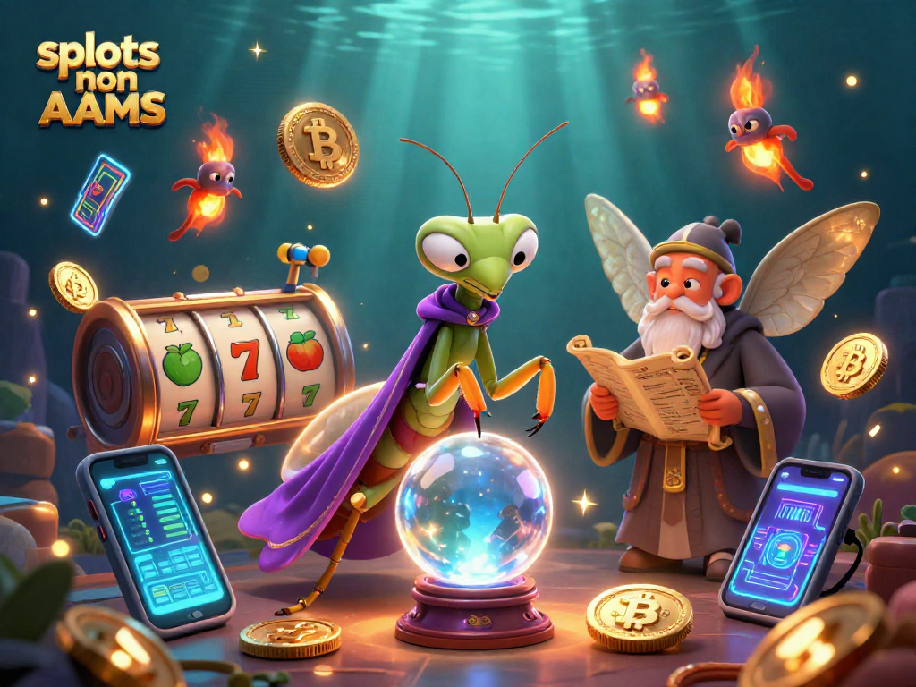Scopri i slot non AAMS con un mantide saggio e simboli casinò in un'illustrazione vibrante.