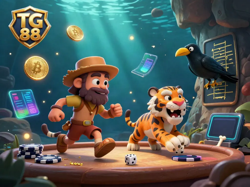 Engage in gaming at TG 88 with a dynamic prehistoric casino scene featuring charming characters and neon crypto elements.