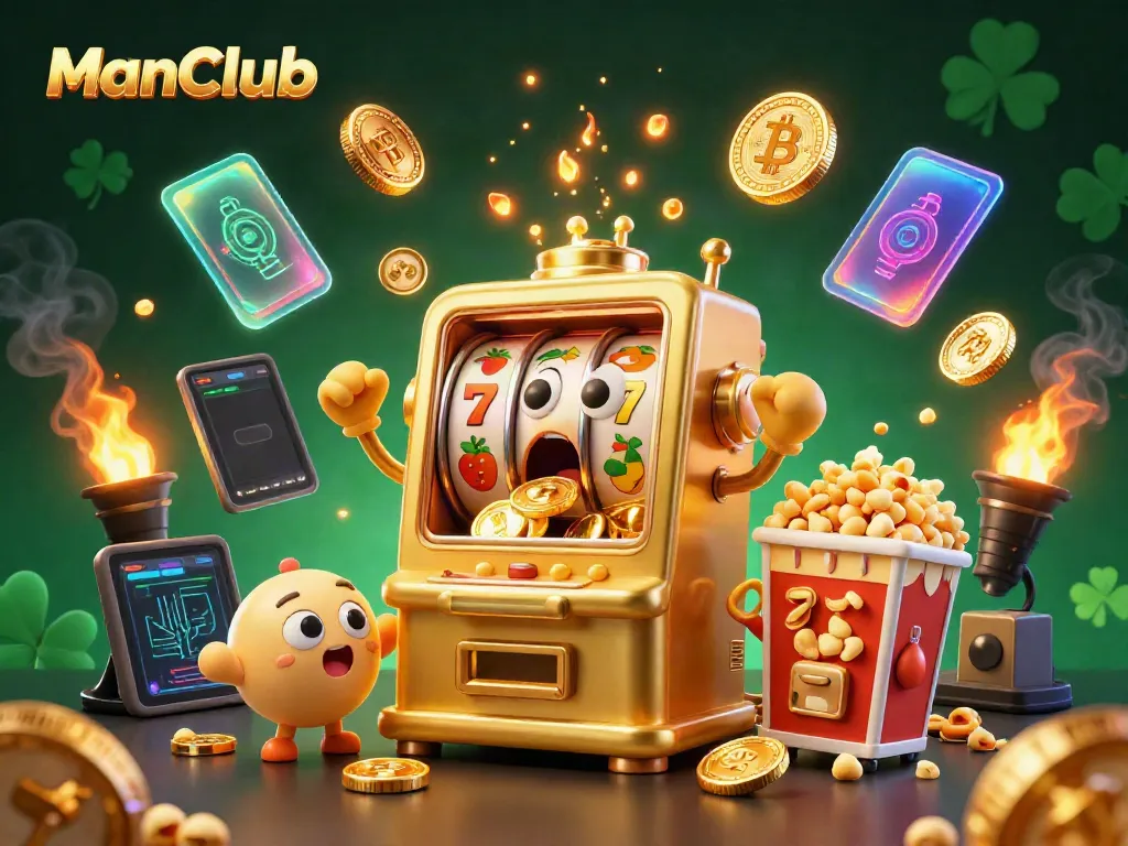 ManClub slot machine surprises players with a jackpot, surrounded by cheering machines and crypto elements.
