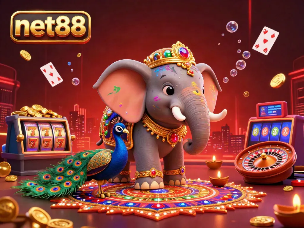 Engage with net88's vibrant casino scene featuring an ornate elephant and lively slot elements.